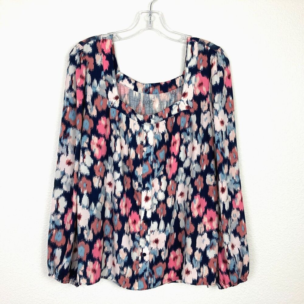 Loft Women's Pullover Tunic Top Size M Pink Brown Floral Square Neck Long Sleeve